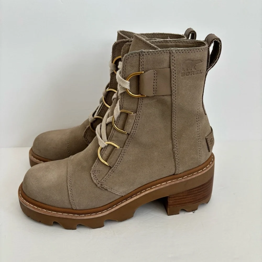 Sorel Joan Now Lace Up Suede Taupe Lug Sole Heeled Boots 7 - Picture 3 of 14